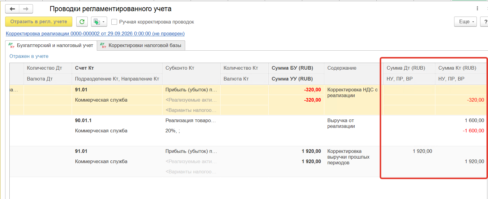 Проводки по налоговому учёту — сумма увеличения на счёте 90.01.1