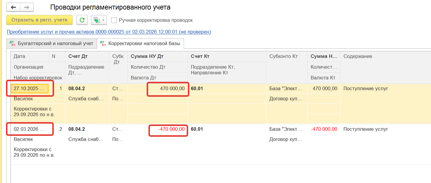 Вкладка «Корректировка налоговой базы» и реквизит «Набор корректировок»