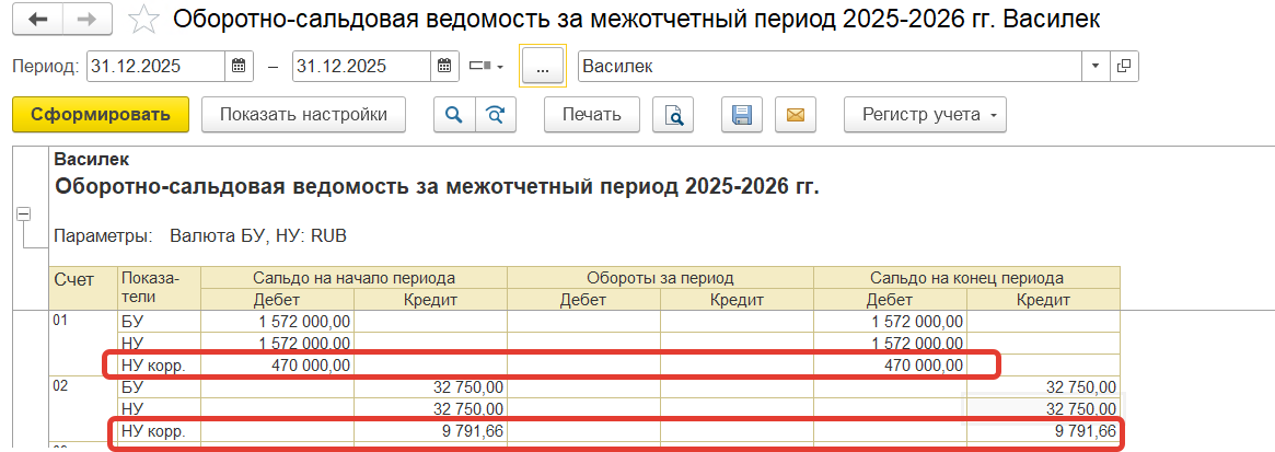 ОСВ за межотчётный период для контроля НУ-корректировок
