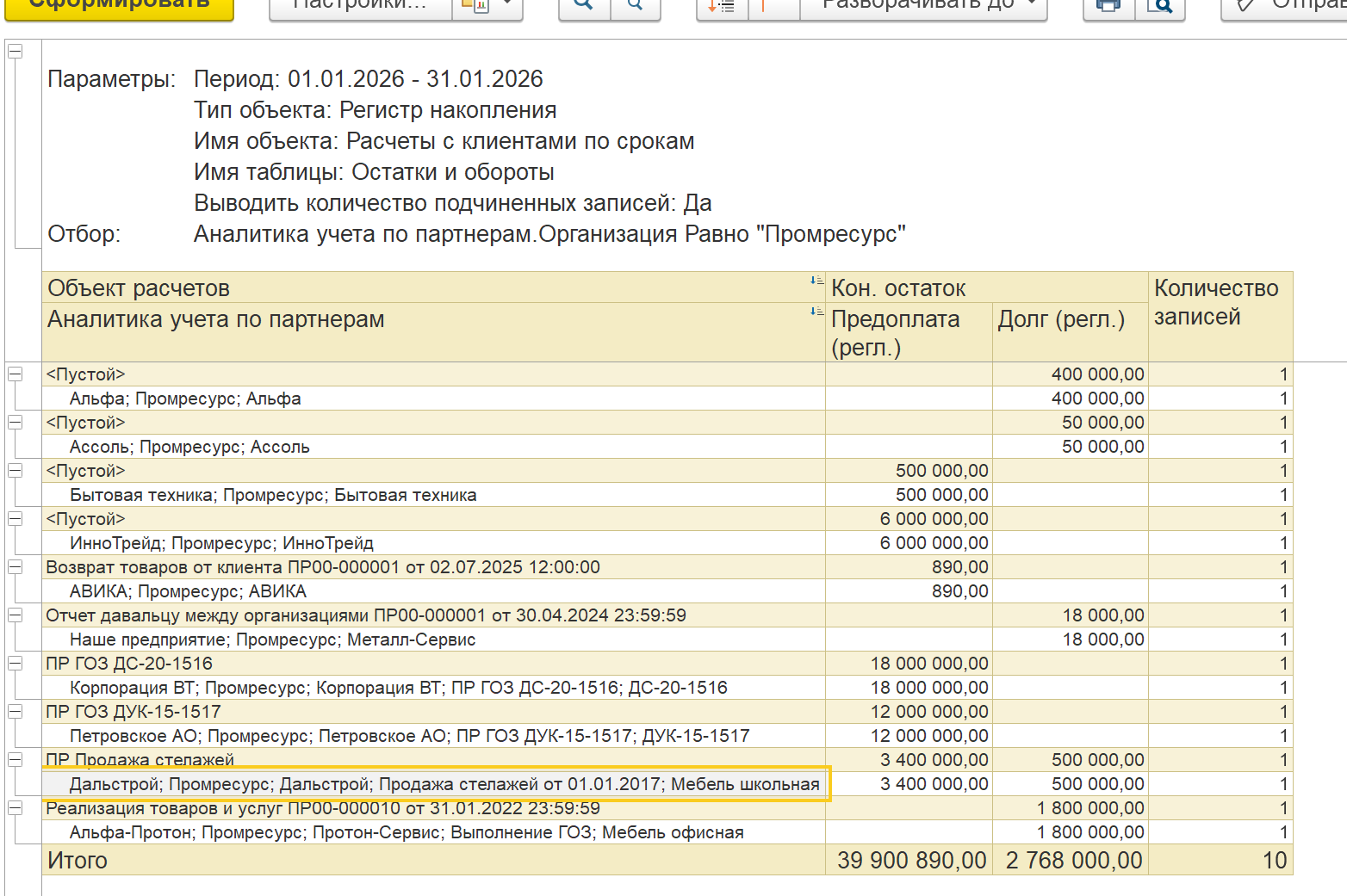 Отчёт по расчётам с клиентами